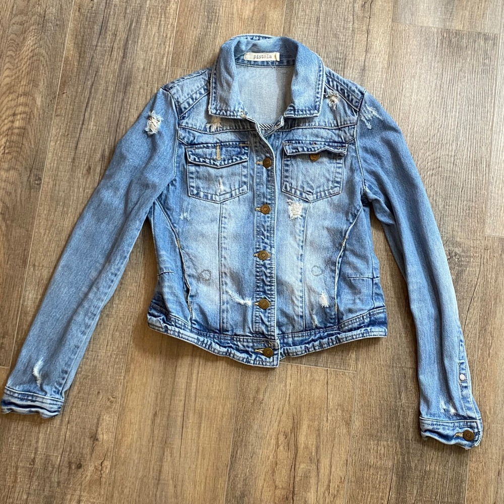 Pistola Womens Distressed Denim Jacket Light Wash Blue P5422 Size Small (S)